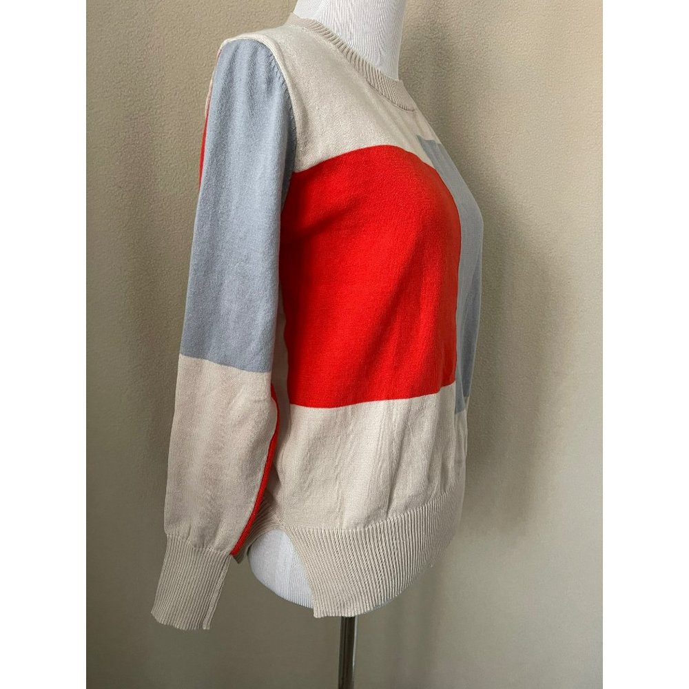 Women's Tan/Gray/Red Color Block Long Sleeve Knit Shirt - Picture 4 of 11